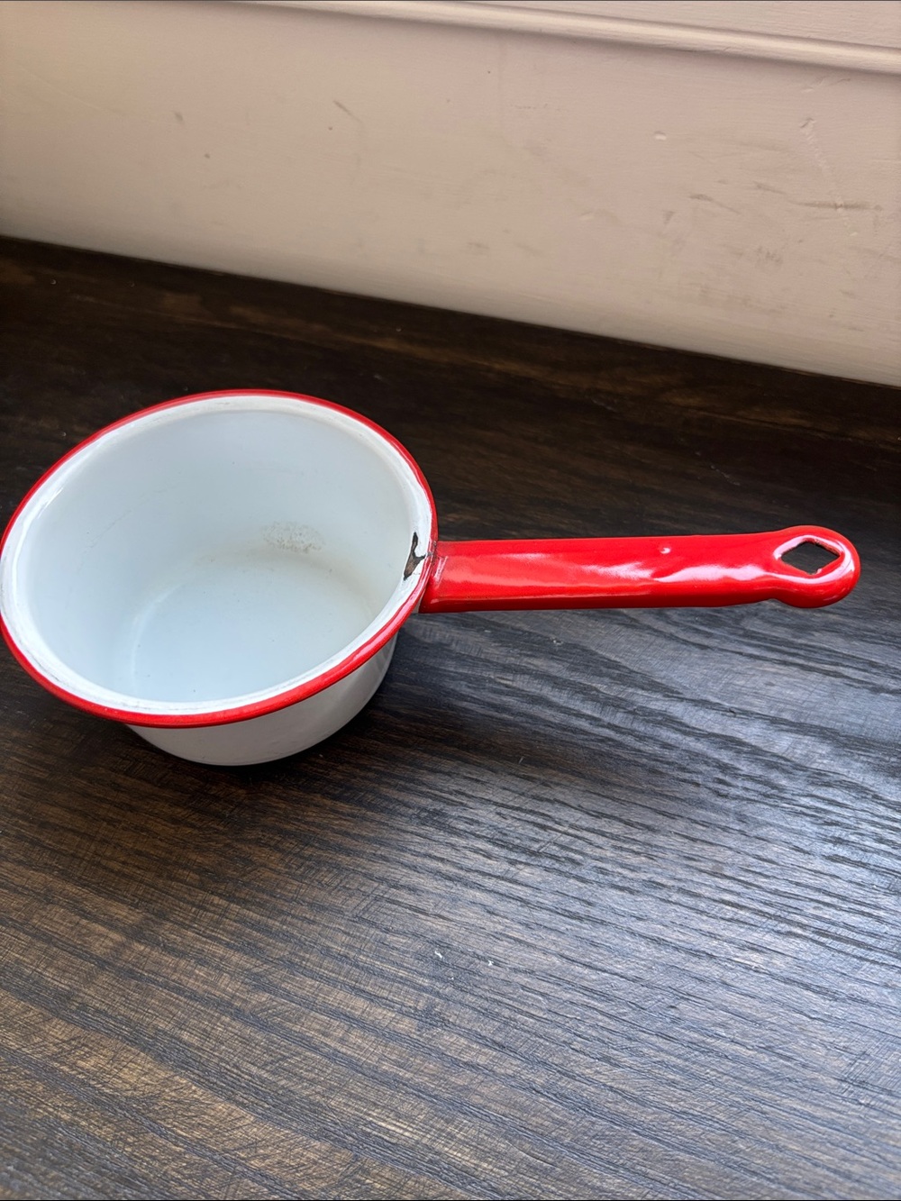 Vintage enamelware pan, white w/ red handle & trim, pot 5x2.5”, 4.5” handle